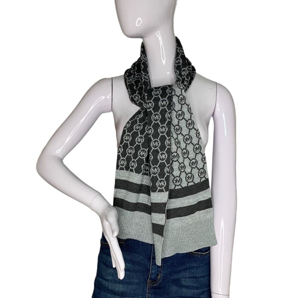 Michael Michael Kors Jet Set Logo Knit Scarf Charcoal and Metallic Silve - Picture 3 of 7